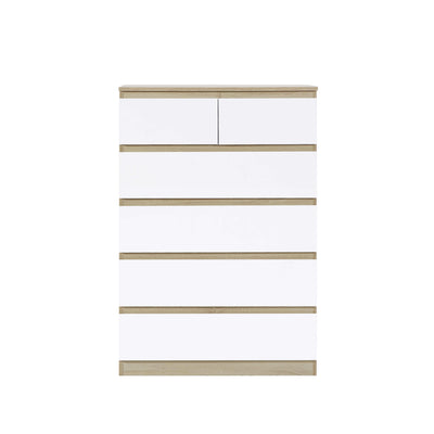 Angled view of Nola 6 Drawers Tallboy in white and brown