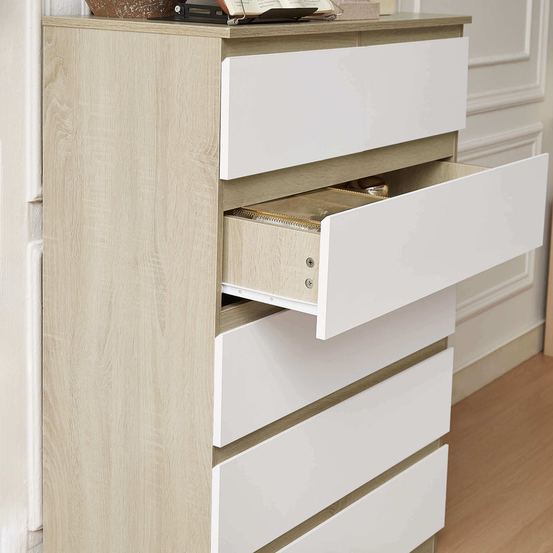 Side view of Nola 6 Drawers Tallboy showing the sleek white and brown design