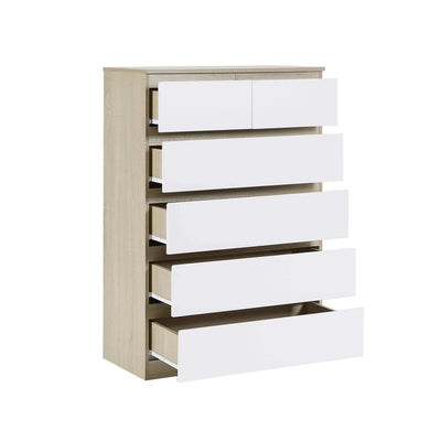 Nola 6 Drawers Tallboy with open drawers displaying storage space