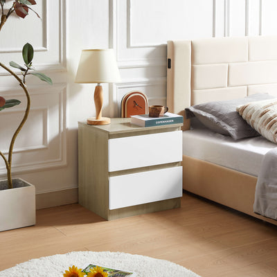 Angled view of Nola Bedside Table in white and brown