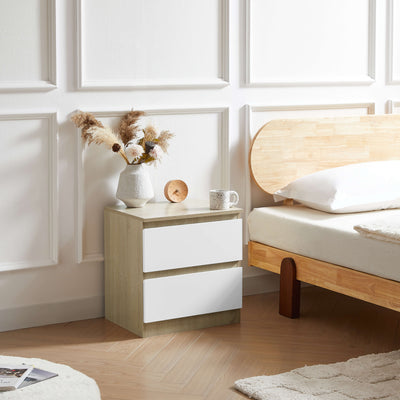 Top view of Nola Bedside Table highlighting the white and brown color