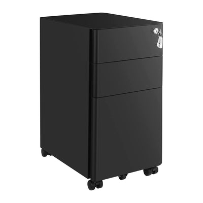 Main view of the black Office Cabinet with wheels and lock, showcasing its sleek design and portable functionality.