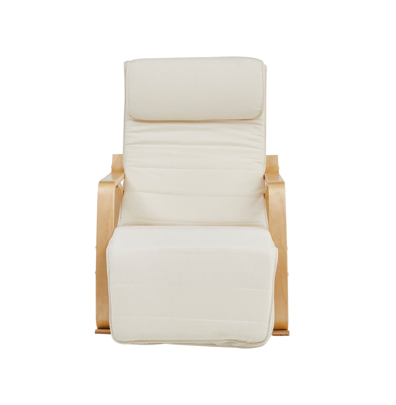 Front view of beige rocking chair with footrest