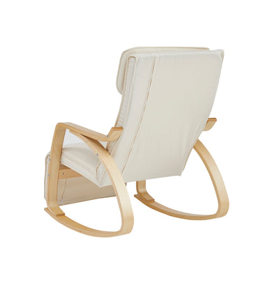 Side view of beige rocking chair with footrest