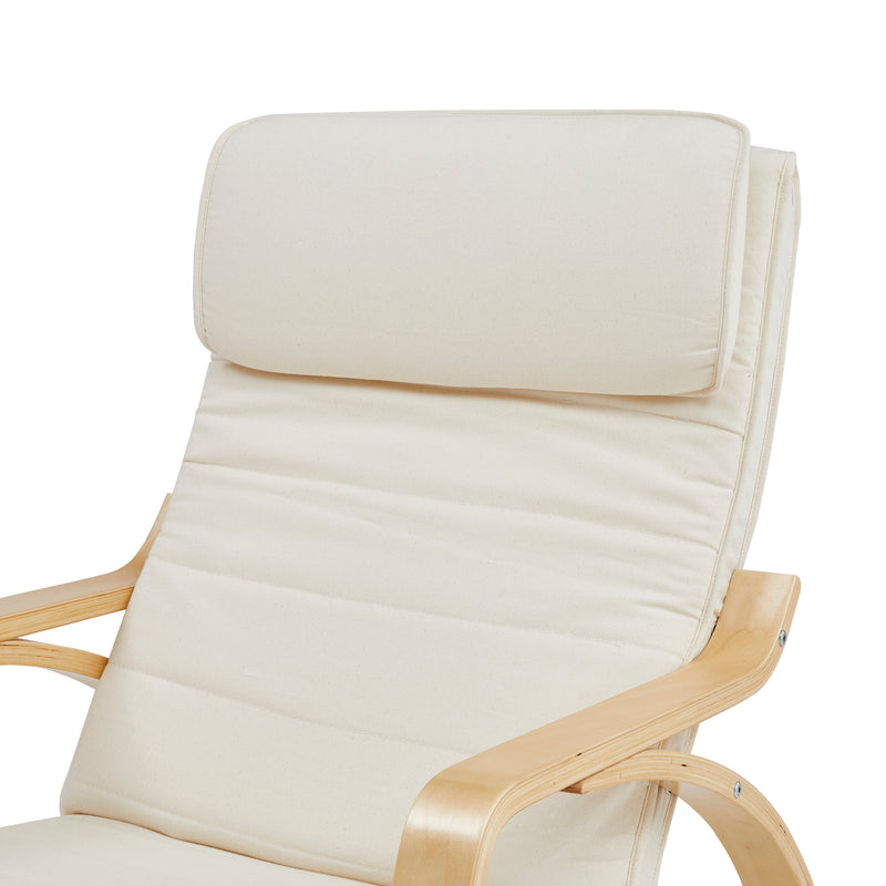 Back view of beige rocking chair with footrest