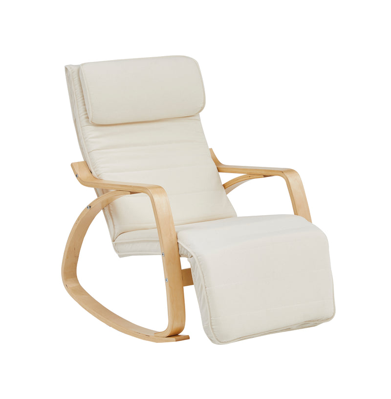 Angle view of beige rocking chair with footrest