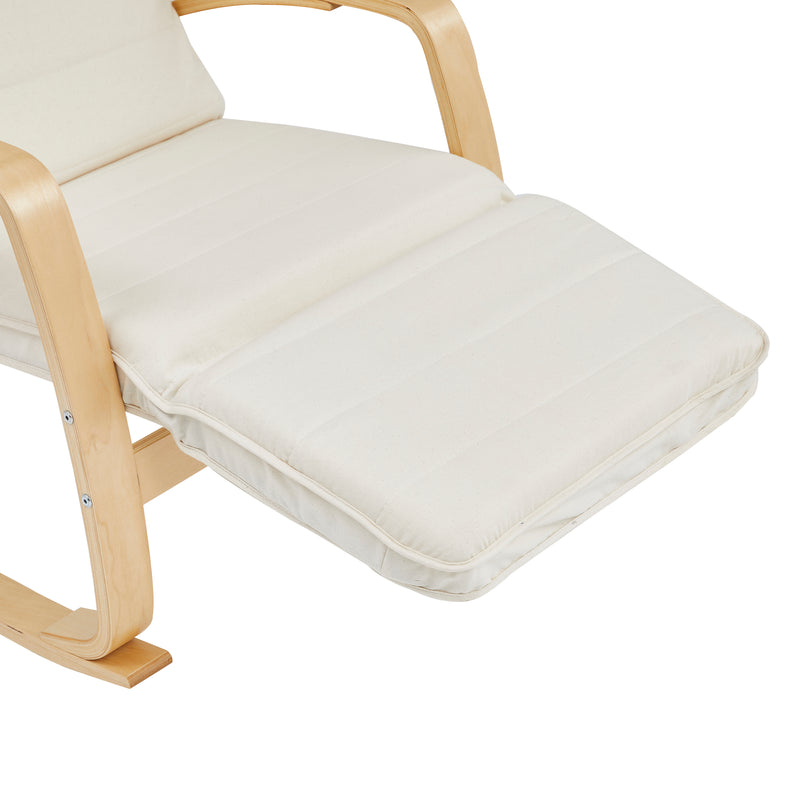 Backrest adjustment feature on beige rocking chair with footrest