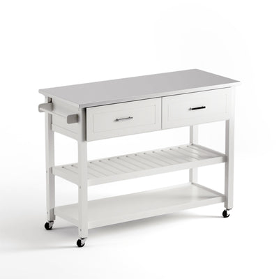 Rolling kitchen island with 2 drawers and stainless steel top, white