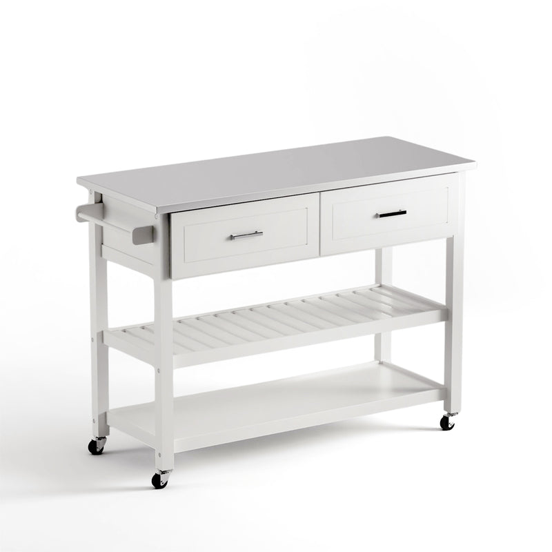 Rolling kitchen island with 2 drawers and stainless steel top, white