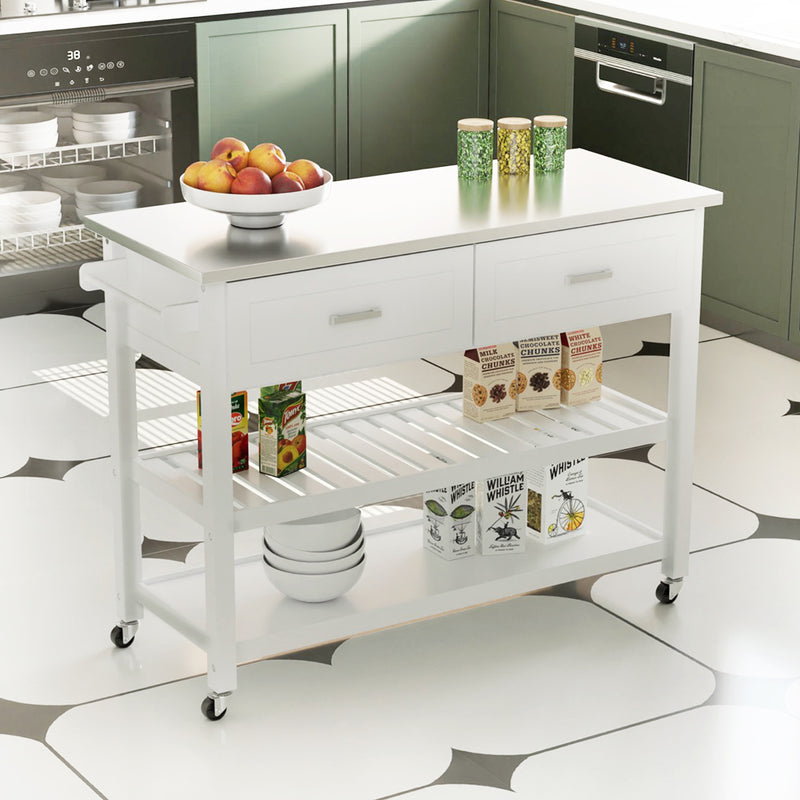 White kitchen island on wheels with stainless steel top and drawers