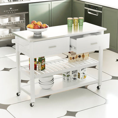 Rolling kitchen island, side view with stainless steel top, white