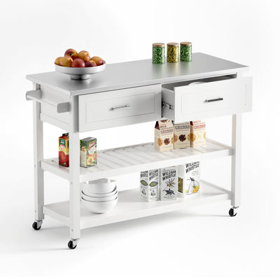 Close-up of 2-drawer rolling kitchen island, white with stainless steel surface