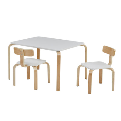 Angle view of Scandinavian kids table and chairs set in white