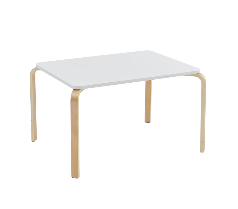 Top view of white Scandinavian kids table and chairs set