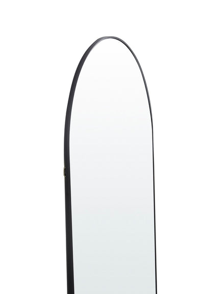 Detailed close-up of the Selena Metal Arched Wall Mirror in black color.