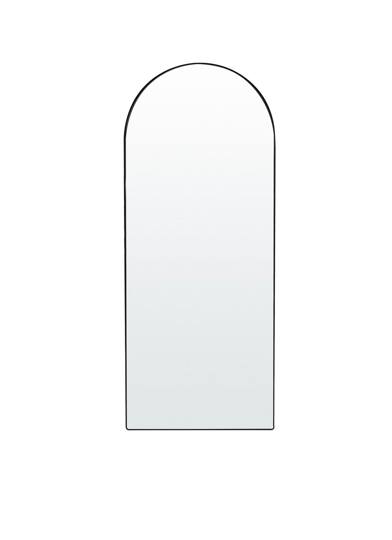 Front view of the Selena Metal Arched Wall Mirror in black color.