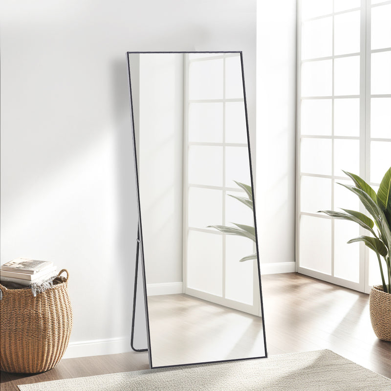 Side view of the Sorelle Rectangular Full Length Standing Mirror showcasing its sleek black frame
