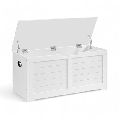 Main view of the Vasagle Storage Box in white with safety hinges, showcasing its elegant and clean design.