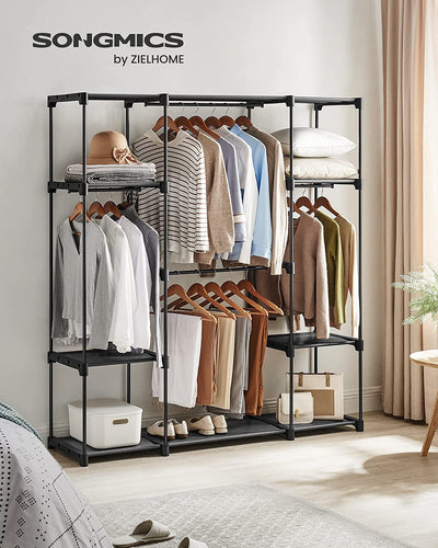 Freestanding Large Portable Wardrobe With 4 Hanging Rails - Black