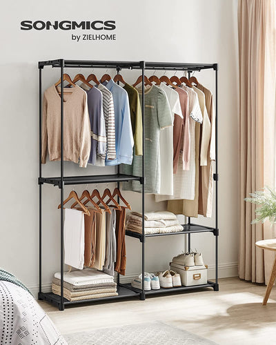 Portable Wardrobe with 3 Hanging Rods and Shelves