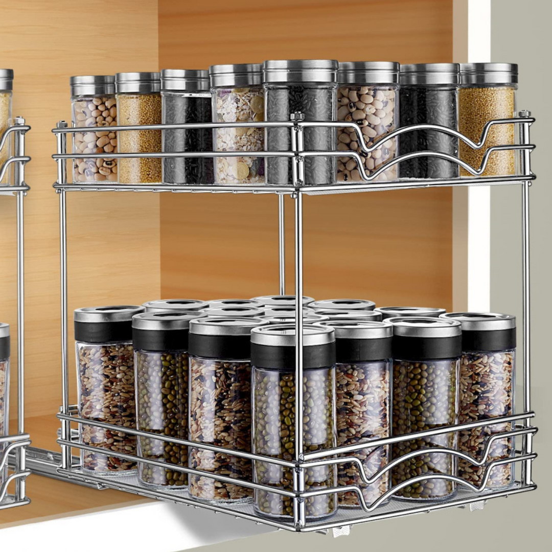 2 Tier Pull Out Spice Rack Organiser for Kitchen Cabinet Space General